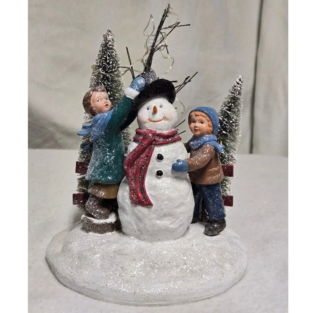 Christmas Snowman Children Lighted Winter Village Figurine Bottle Brush Trees